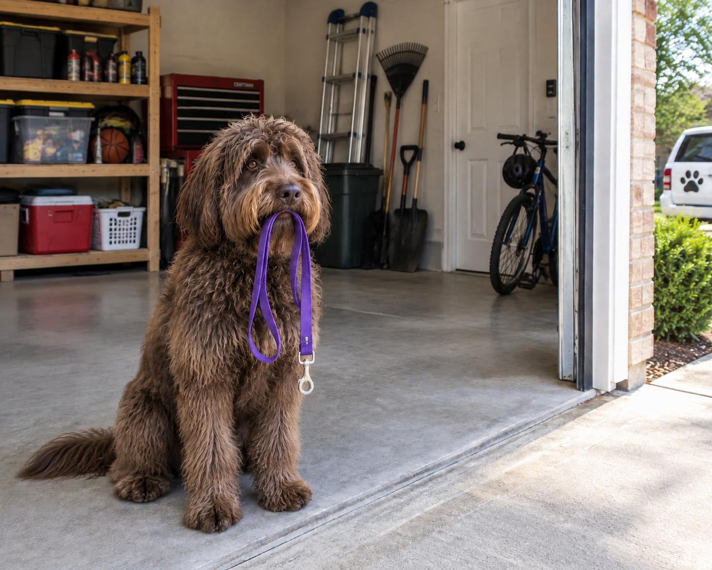 A freshly groomed brown shaggy dog sitting in an open garage, holding his purple lead in his mouth