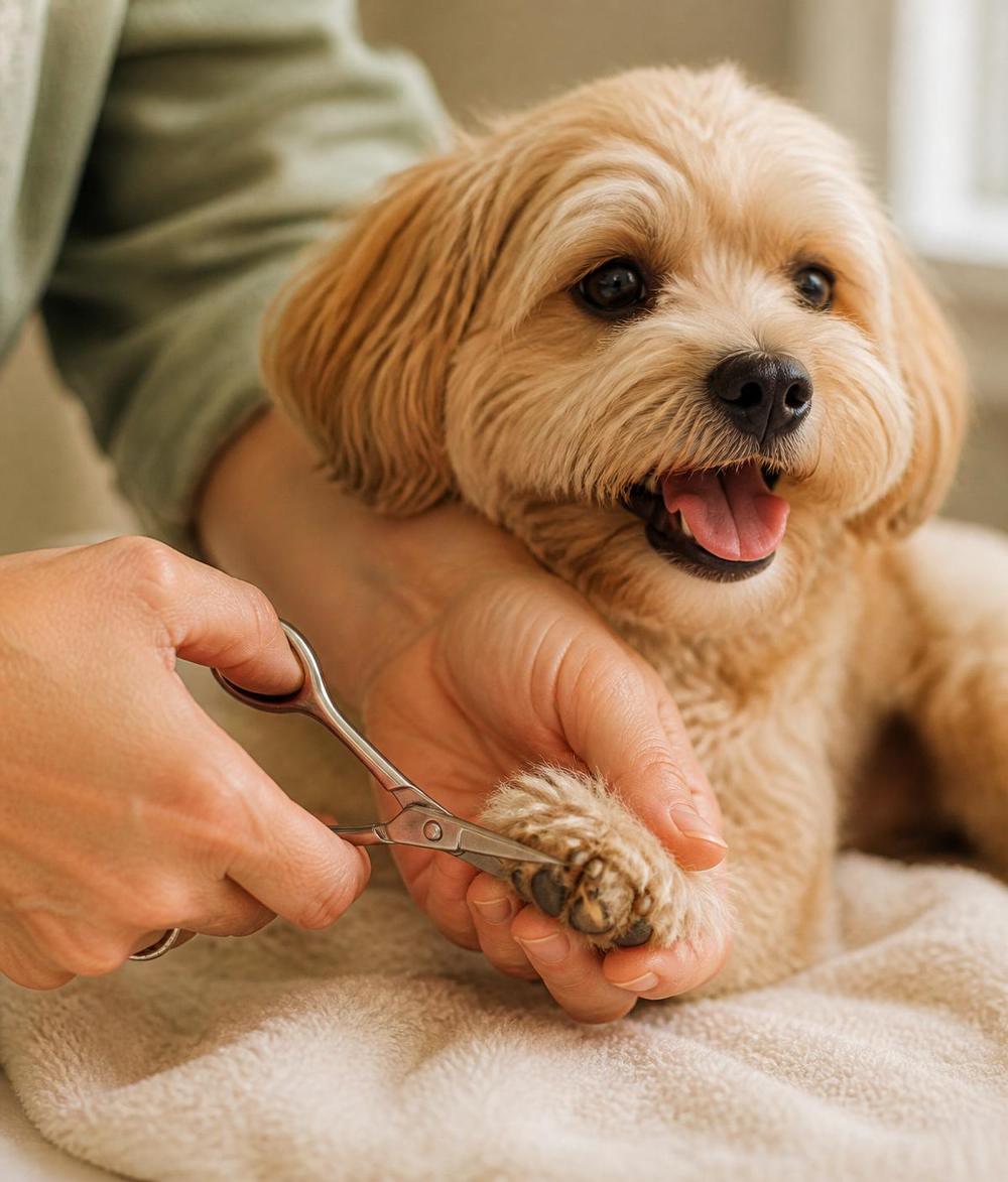 Careful paw trim on a small dog
